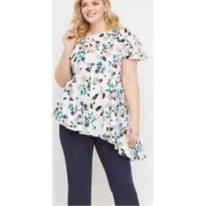 Lane Bryant Blouse Top Flutter Sleeve Floral Asymmetrical White Blue 14 Fairy